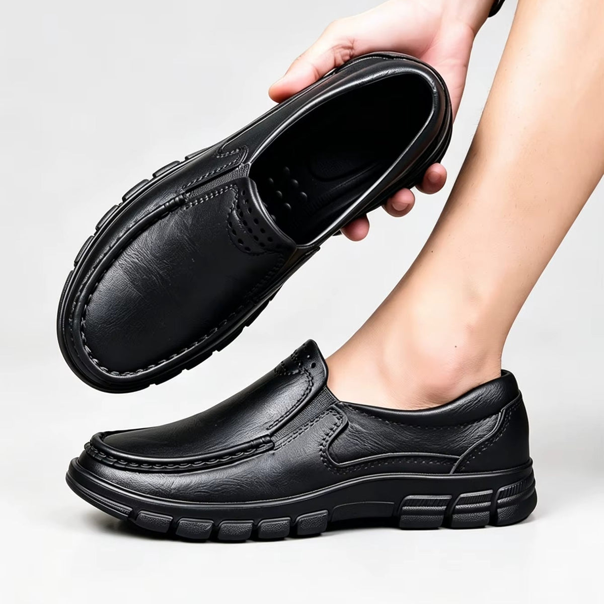 Black Leather Slip-On Shoes