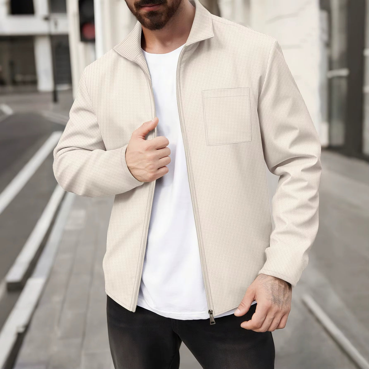 Waffle-Textured Zip Overshirt Jacket